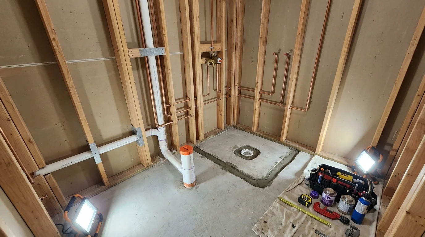 Bathroom rough-in plumbing during remodel by Johns Plumbing LLC in Gnadenhutten
