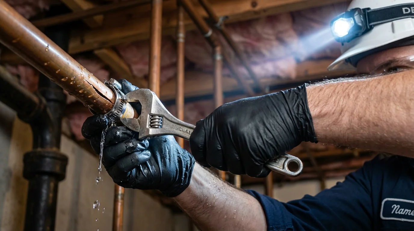 Emergency pipe clamp repair being performed by a Johns Plumbing LLC plumber in Gnadenhutten