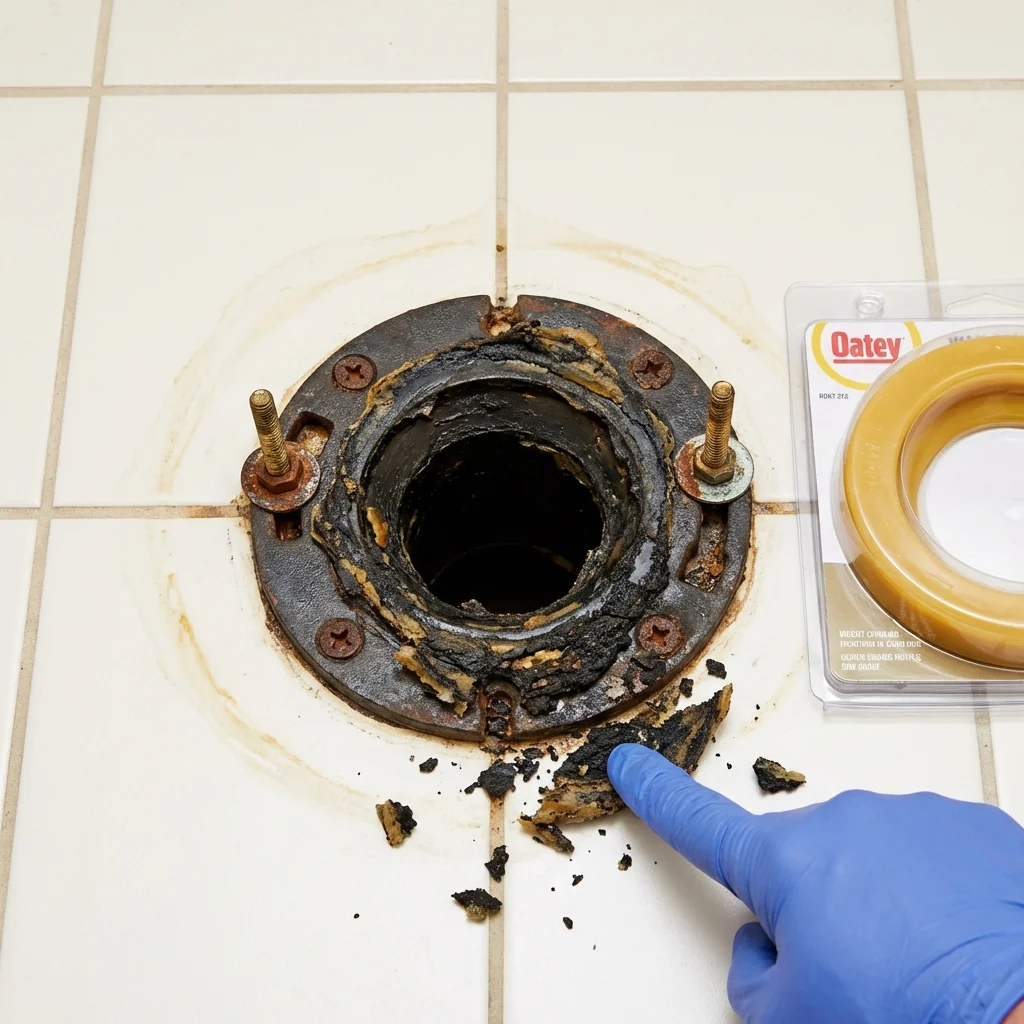 Failed wax ring showing water seepage at the base of a toilet in a Gnadenhutten, OH home