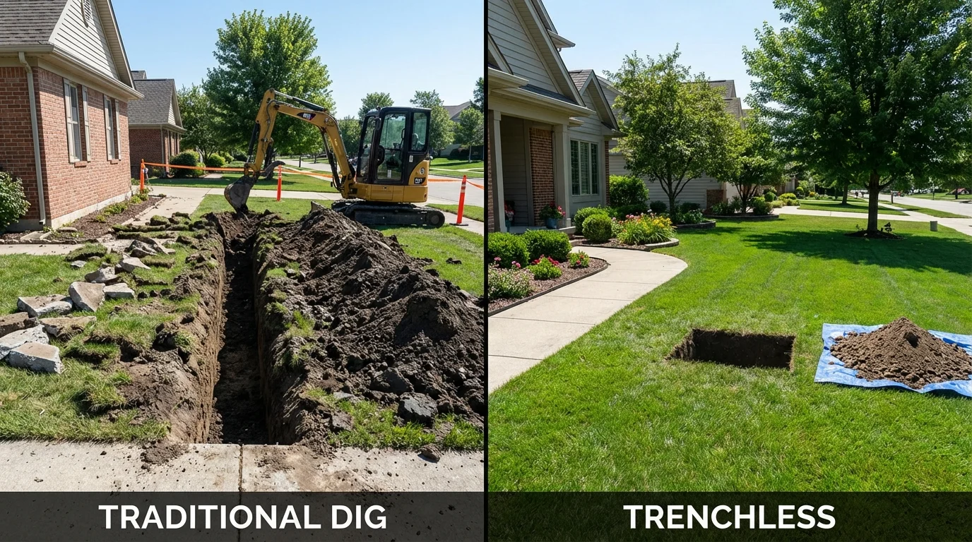 Trenchless sewer repair with minimal yard damage versus traditional excavation in Gnadenhutten, OH