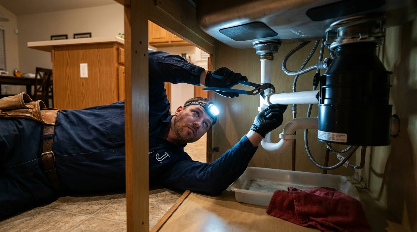 P-trap and supply line connections under a kitchen sink showing a common leak point in Gnadenhutten, OH